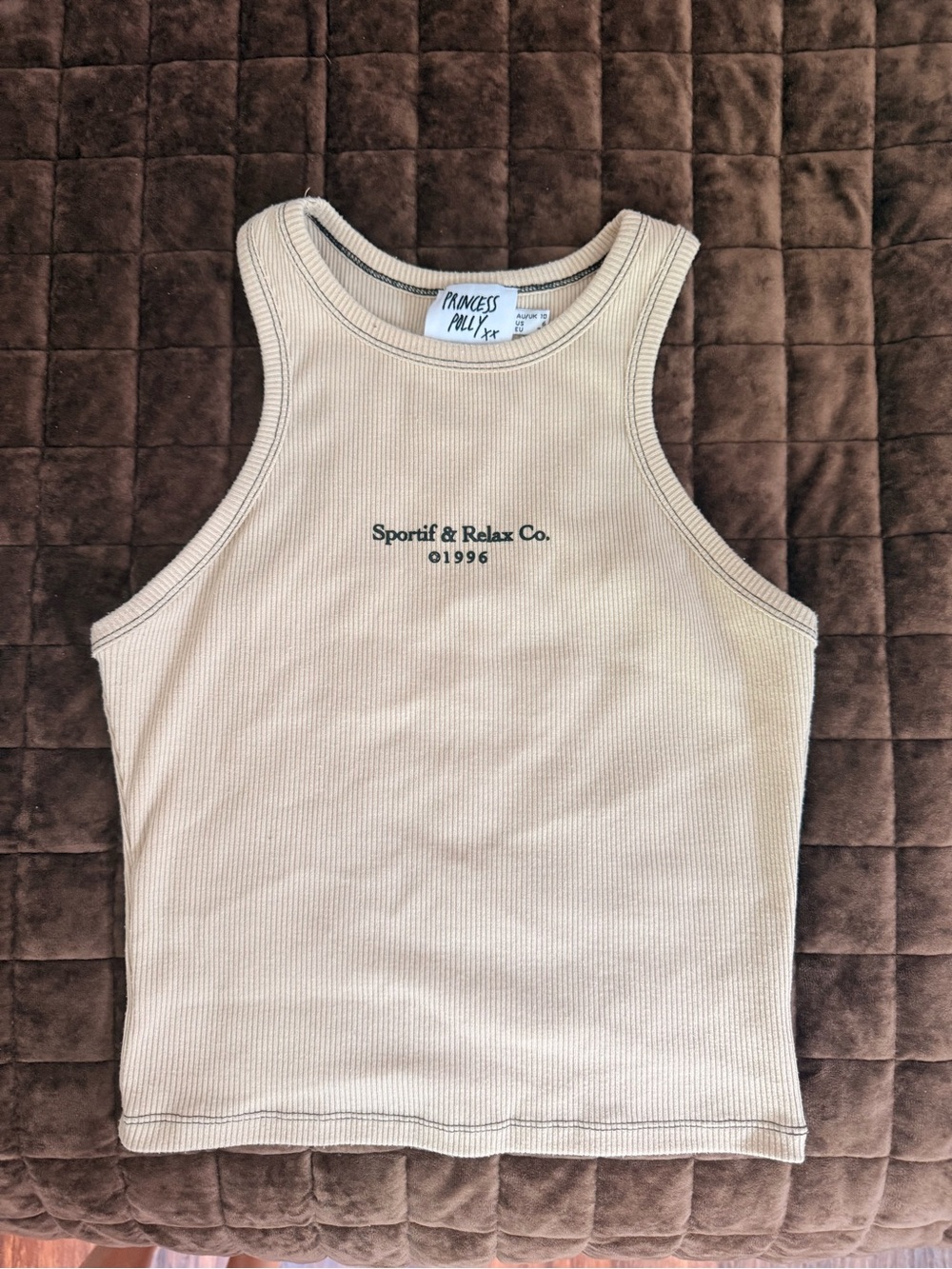 Princess Polly Beige Ribbed Tank Top with 'Sportif & Relax Co.' Print